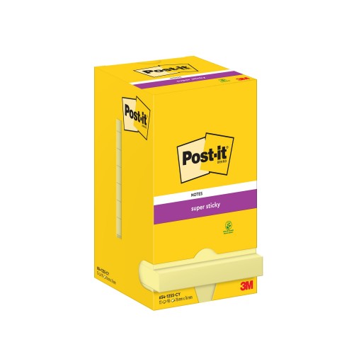 Post-it® Super Sticky Notes Canary Yellow 76 mm x 76 mm 90 Sheets/Pad 12 Pads/Pack Cardboard Pack 100% PEFC SGSCH-PEFC-COC-110078