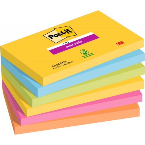 Post-it® Super Sticky Notes Carnival Colour Collection 76 mm x 127 mm 90 Sheets/Pad 6 Pads/Pack 100% PEFC SGSCH-PEFC-COC-110078