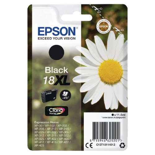 OEM Epson C13T18114012 (18XL) Ink Cartridge Black High Capacity 470 Pages 11.5ml