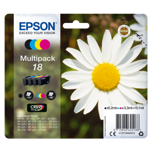 OEM Epson C13T18164012 (18XL) Ink Cartridge Multi Pack BkCMY High Capacity 470 Pages + 3x450 Pages 1x12ml + 3x7ml Pack=4