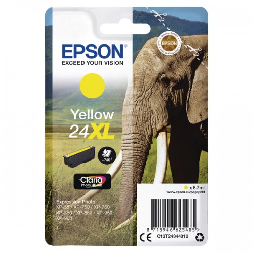 OEM Epson C13T24344012 (24XL) Ink Cartridge Yellow High Capacity 740 Pages 8.7ml