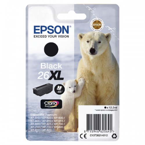 OEM Epson C13T26214012 (26XL) Ink Cartridge Black High Capacity XL 500 Pages 12.2ml