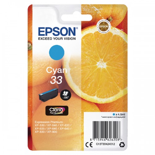 OEM Epson C13T33424012 (33) Ink Cartridge Cyan 300 Pages 4.5ml