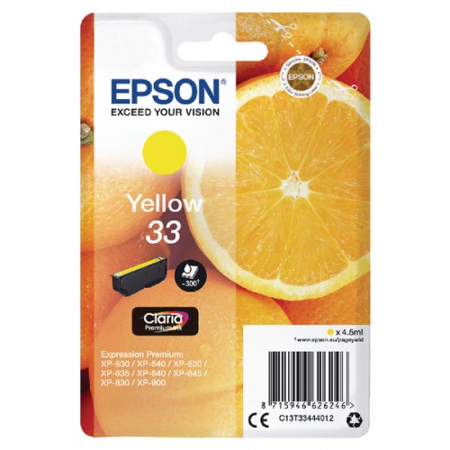 OEM Epson C13T33444012 (33) Ink Cartridge Yellow 300 Pages 4.5ml