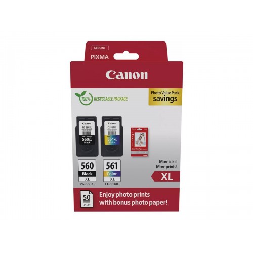 OEM Canon 3712C008 PG-560XL + CL-561XL Black and Colour with Photo Paper               
