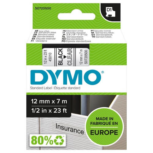 OEM DYMO 45010 (S0720500) D1 Label Tape Black on Clear 12mm x 7m