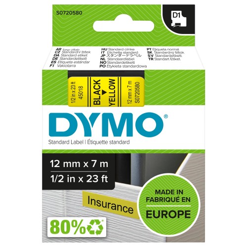 OEM DYMO 45018 (S0720580) D1 Label Tape Black on Yellow 12mm x 7m