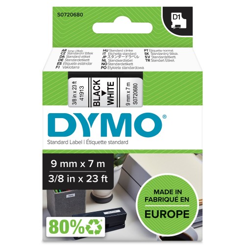 OEM DYMO 40913 (S0720680) Label Tape Black on White 9mm x 7m