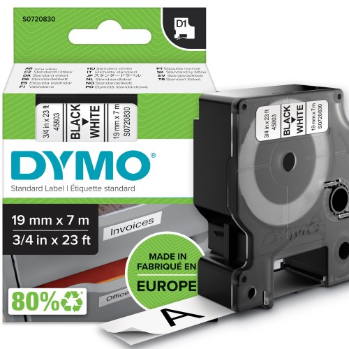 OEM DYMO 45803 (S0720830) D1 Label Tape Black on White 19mm x 7m